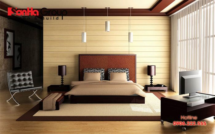 Trong kiến trúc hiện đại, phòng ngủ màu nâu cổ điển thường được kết hợp với các gam màu ấm nóng, tươi sáng để tạo sự cân bằng 