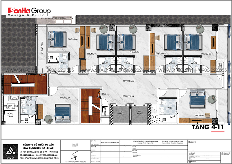 Bản vẽ mặt bằng công năng tầng 4 đến 11 khách sạn hiện đại 3 sao tại Bình Định 