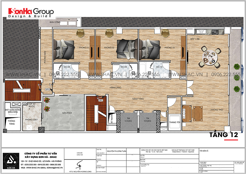 Bản vẽ mặt bằng công năng tầng 12 khách sạn hiện đại 3 sao tại Phú Yên 