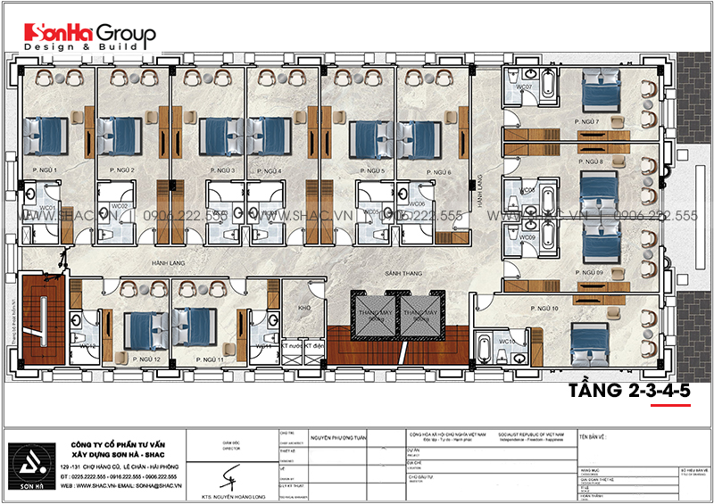 Bản vẽ công năng mặt bằng tầng 2+3+4+5 khách sạn tân cổ điển tiêu chuẩn 3 sao 