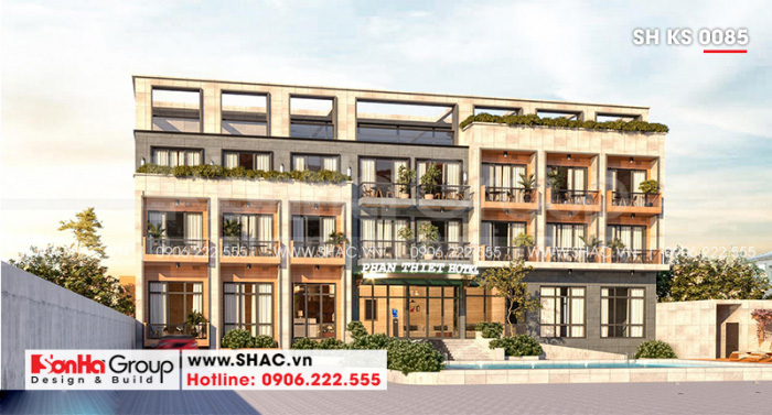 Mặt tiền khách sạn hiện đại thiết kế giản dị nhưng rất có chiều sâu 