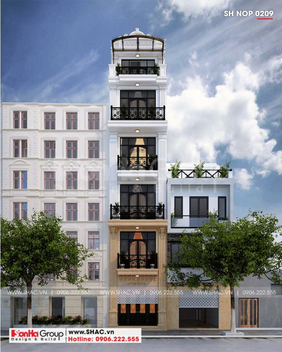 Thiết kế nhà phố 6 tầng tân cổ điển có thang máy ở Hà Nội