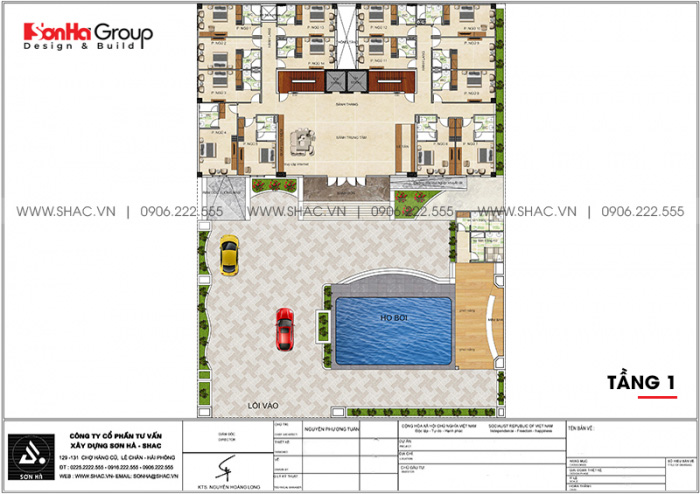 Bản vẽ bố trí công năng tầng 1 khách sạn hiện đại 3 sao tại Bình Thuận 