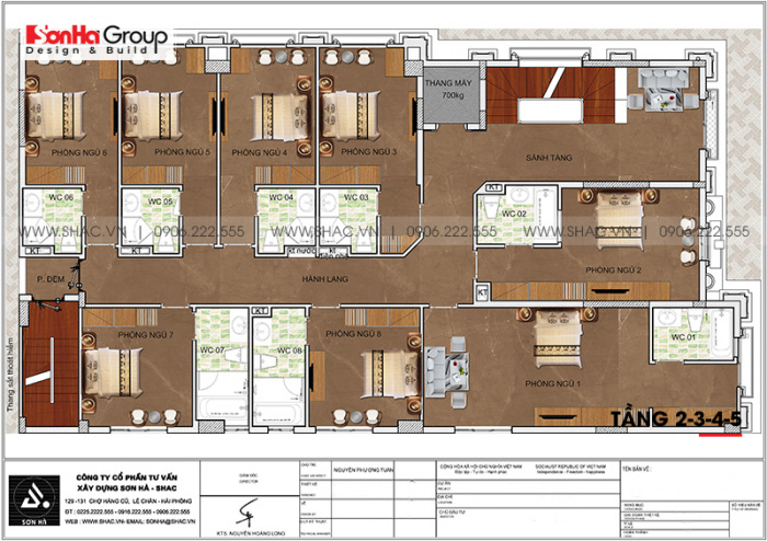 Mặt bằng công năng tầng 2 đến 5 khách sạn tân cổ điển 3 sao tại Phú Quốc 