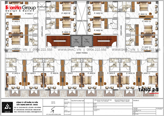 Bản vẽ bố trí công năng tầng 2 và 3 khách sạn hiện đại 3 sao tại Bình Thuận 