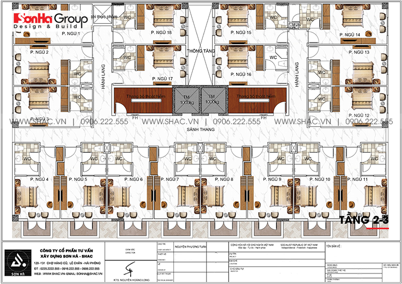 Bản vẽ bố trí công năng tầng 2 và 3 khách sạn hiện đại 3 sao tại Bình Thuận 