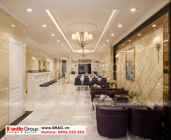 Không gian nội thất tần 1 của khách sạn tân cổ điển được bố trí hài hòa 
