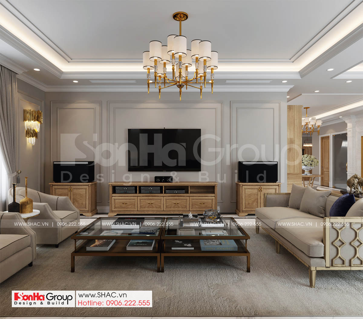 Biệt thự 4 tầng diện tích 250m2 phong cách tân cổ điển – SH BTP 0161 12 Phòng khách lịch sự và trang nhã của biệt thự tân cổ điển 4 tầng tại Sài Gòn