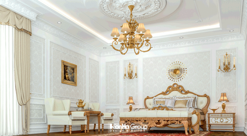 Phòng ngủ tân cổ điển gam màu trắng cùng các chi tiết vàng kim