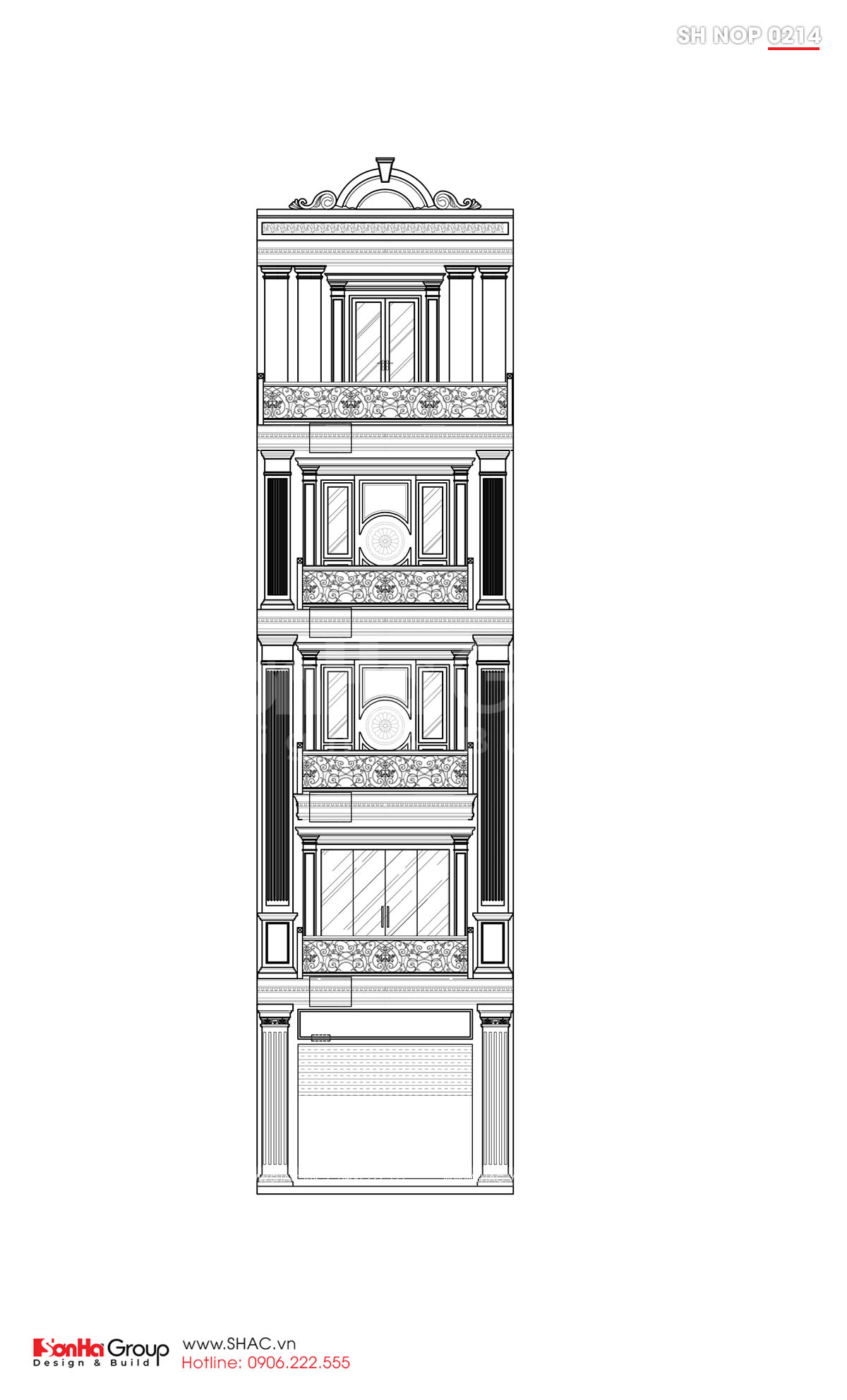 Mặt cắt trục BA thiết kế nhà ống tân cổ điển 5 tầng tại Lạng Sơn 