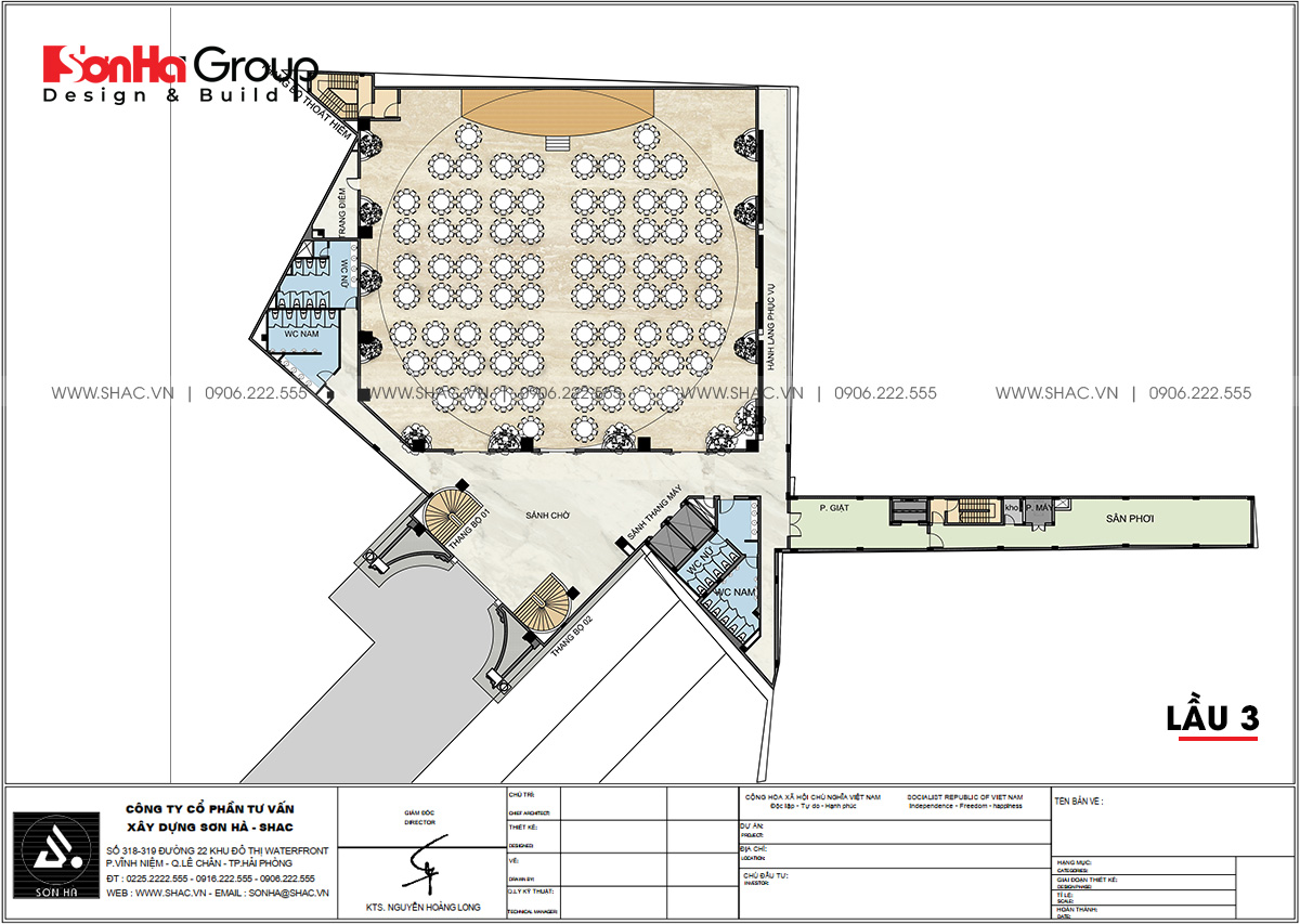 Bố trí công năng lầu 3 thiết kế trung tâm tiệc cưới tại Đồng Nai 
