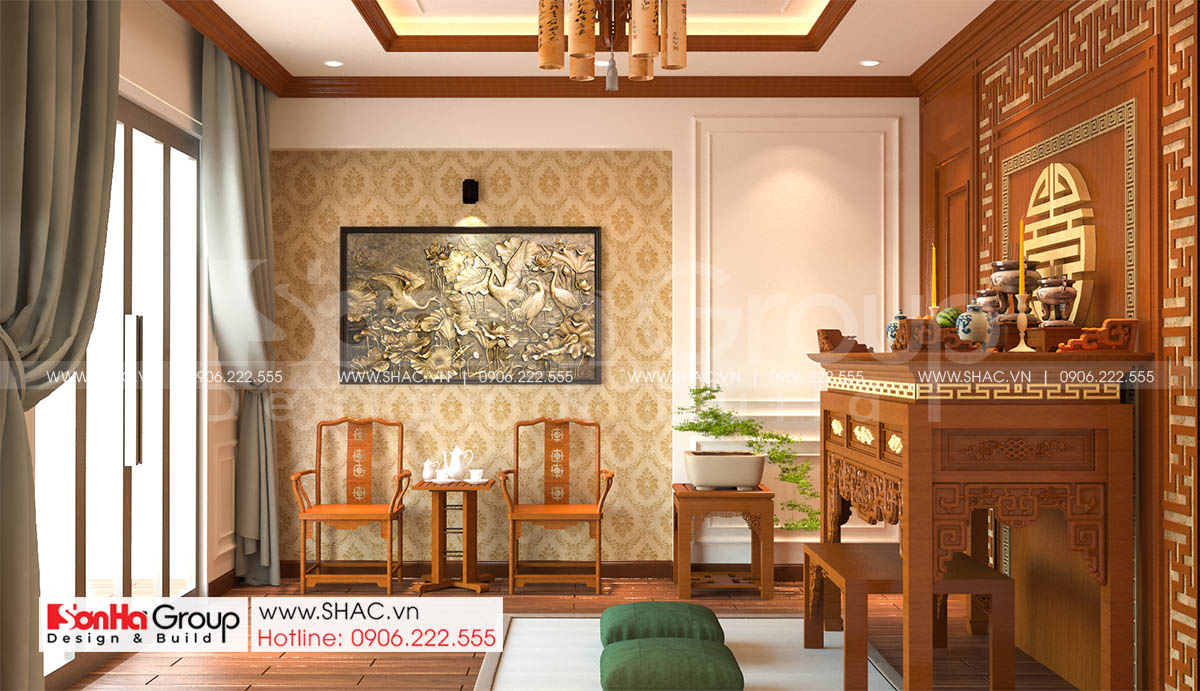 Phòng thờ truyền thống đẹp tại thiết kế nhà ống 4 tầng rộng 72m2 tại Hải Dương 