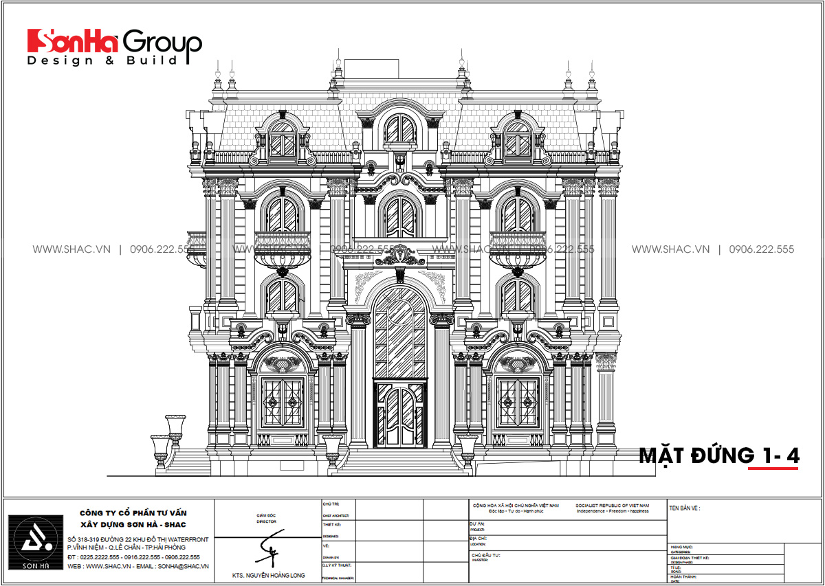 Ngôi biệt thự tân cổ điển 4 tầng diện tích 265m2 có tầng hầm - SH BTP 0165 13 Mặt đứng trong thiết kế biệt thự tân cổ điển 263,76m2 tại Đà Nẵng