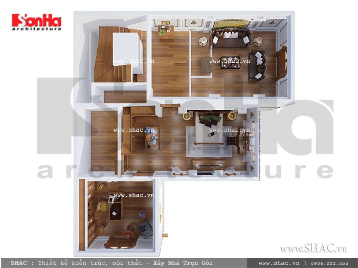 thiết kế công năng tầng 2 biệt thự chữ l nhà phố