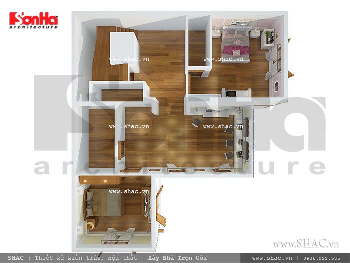 thiết kế công năng tầng 3 biệt thự chữ l đẹp