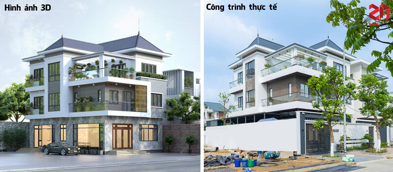 Biệt thự hiện đại Hải Phòng Hình ảnh thực tế và 3D biệt thự hiện đại mái Nhật tại Hải Phòng