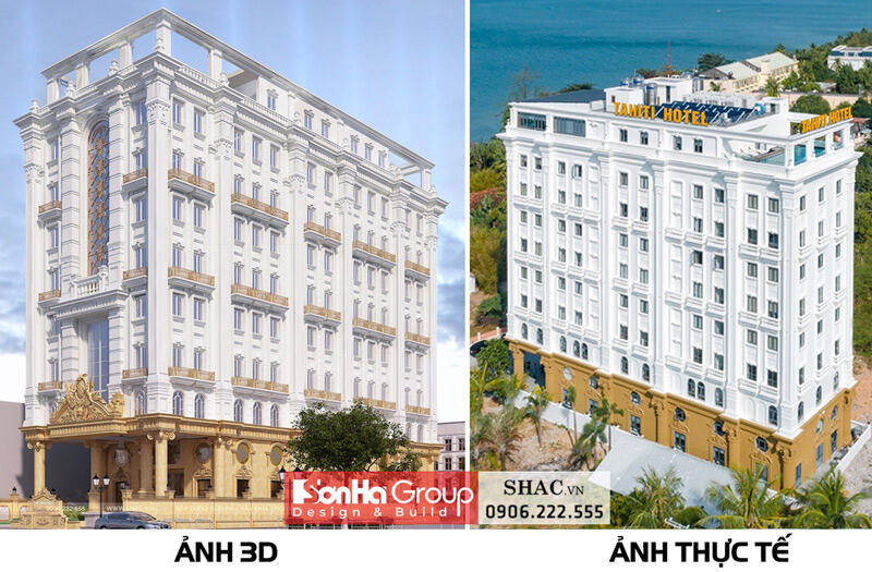 So sánh kiến trúc thiết kế và thực tế khách sạn đẹp