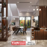 Thiết kế phòng khách bếp tông màu nâu ấm trong biệt thự Vinhomes Marina Hải Phòng