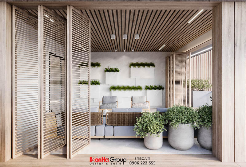 Ban công ngập tràn cây xanh trong căn biệt thự phong cách Nhật