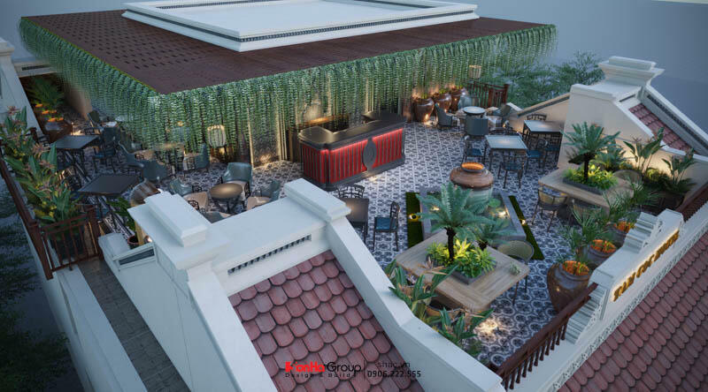 Khách sạn mini với cafe tầng thượng theo phong cách xanh