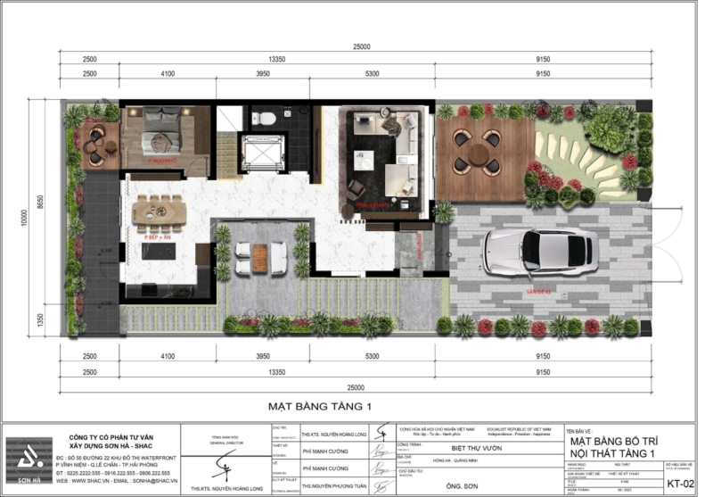 Mặt bằng tầng 1 biệt thự 3 tầng hiện đại mái bằng kiểu Nhật 250m2