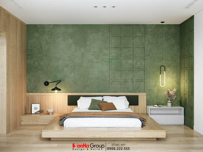 Do diện tích nhỏ nên phòng ngủ được thiết kế nội thất chân thấp, sàn gỗ đậm chất Nhật