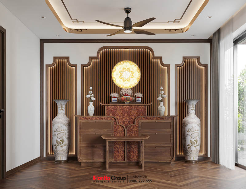 Phòng thờ với chất gỗ chủ đạo được sử dụng trong biệt thự