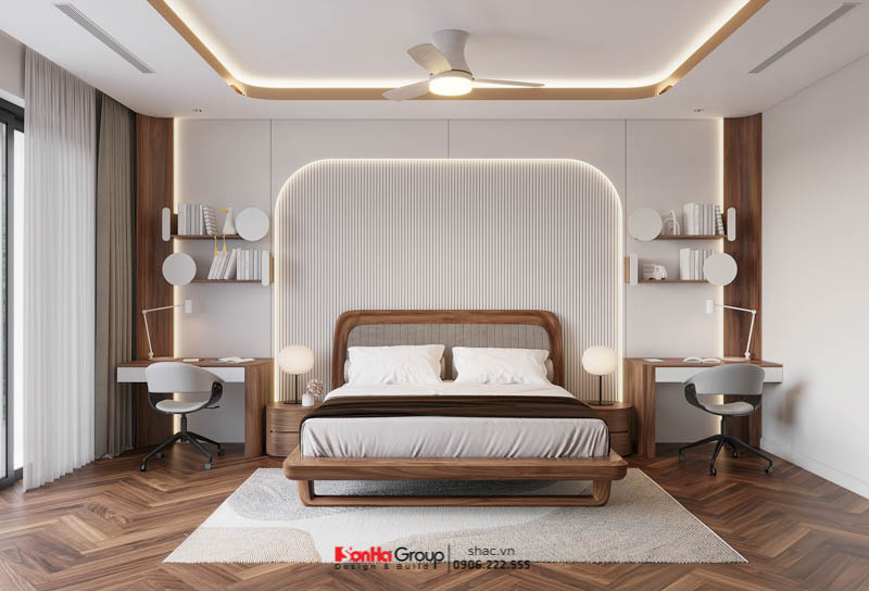 Phòng ngủ biệt thự hiện đại được thiết kế với bố cục cân xứng