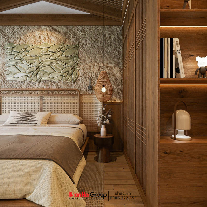 Phòng ngủ sử dụng chất gỗ và màu sắc gợi nhắc về thiên nhiên hài hòa