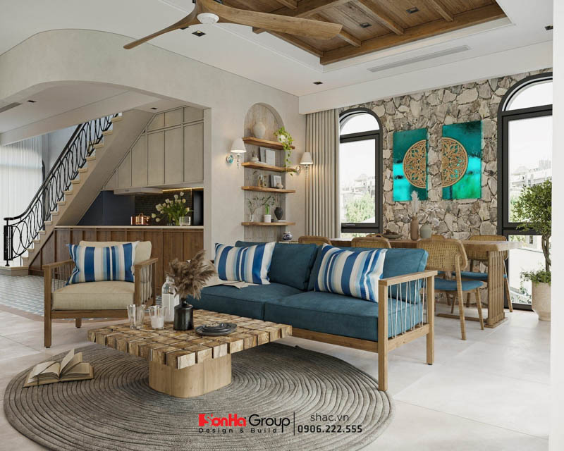 Phòng khách với gam màu xanh biển tươi mát của biệt thự Địa Trung Hải