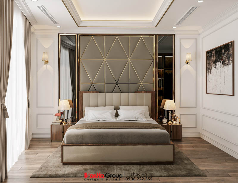 Các đường chỉ vàng tạo điểm nhấn ấn tượng cho phòng ngủ hiện đại trong thiết kế nhà ống