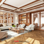 Phòng khách đậm chất gỗ trong thiết kế nhà ống Tân cổ điển tại Bắc Ninh