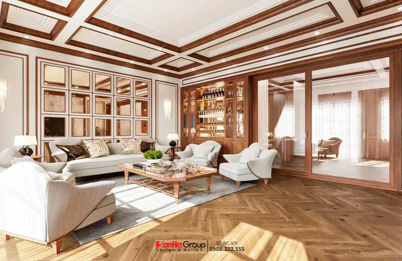 Phòng khách đậm chất gỗ trong thiết kế nhà ống Tân cổ điển tại Bắc Ninh