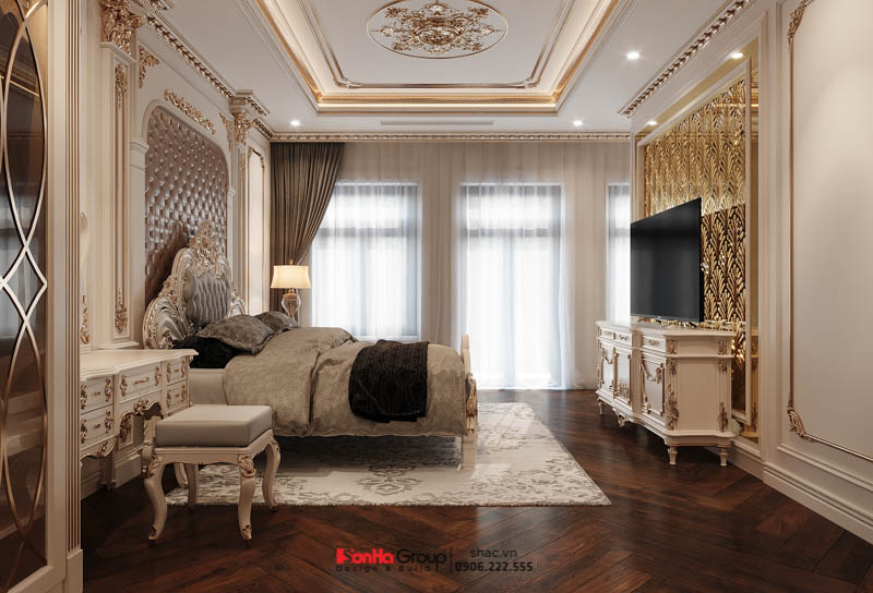 Phòng ngủ Tân cổ điển tiện nghi được thiết kế với tông trắng ấn tượng