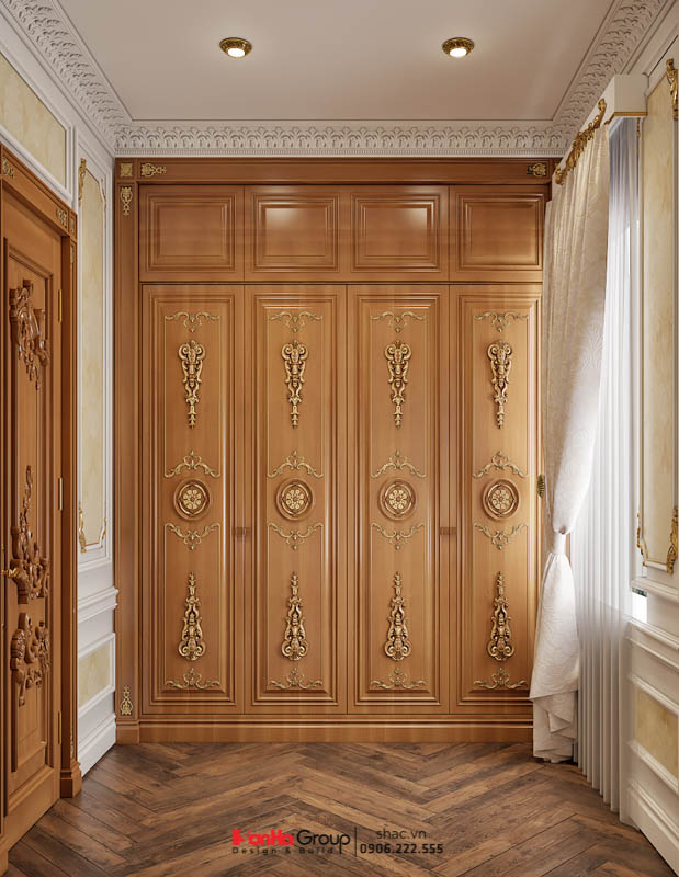 Tủ đồ họa tiết mạ vàng thanh lịch trong nhà ống Tân cổ điển 135m2 tại Bắc Ninh