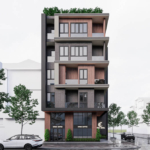 Thiết kế hiện đại với màu cam chủ đạo trên mặt tiền khách sạn mini tại Quảng Ninh