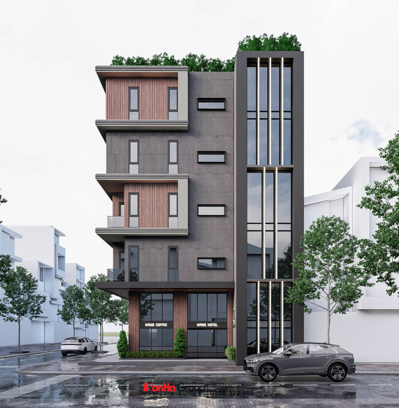 Các khoảng đặc rỗng được sắp đặt phù hợp trên mặt tiền dự án cải tạo khách sạn mini tại Quảng Ninh