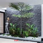 Tiểu cảnh cây xanh được đặt tại tầng 1 nhà ống Tân cổ điển 5 tầng tại Bắc Ninh