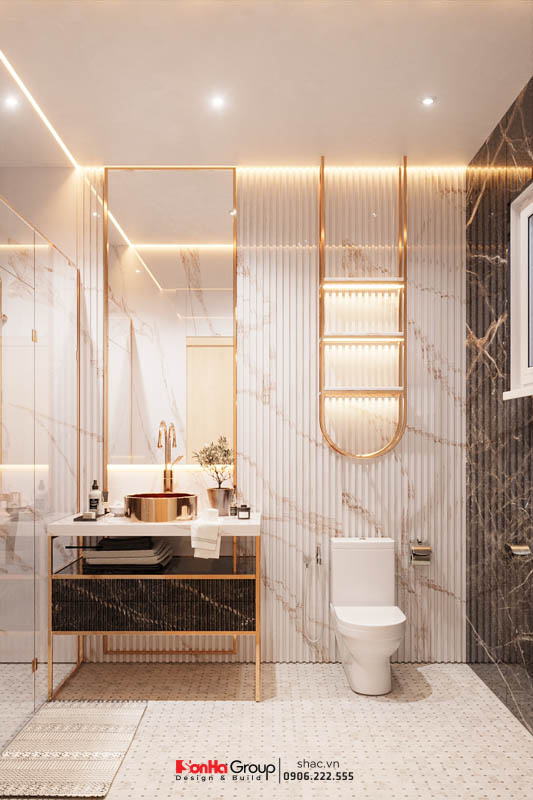 Phòng tắm thiết kế sang trọng với chất liệu tự nhiên, tối giản