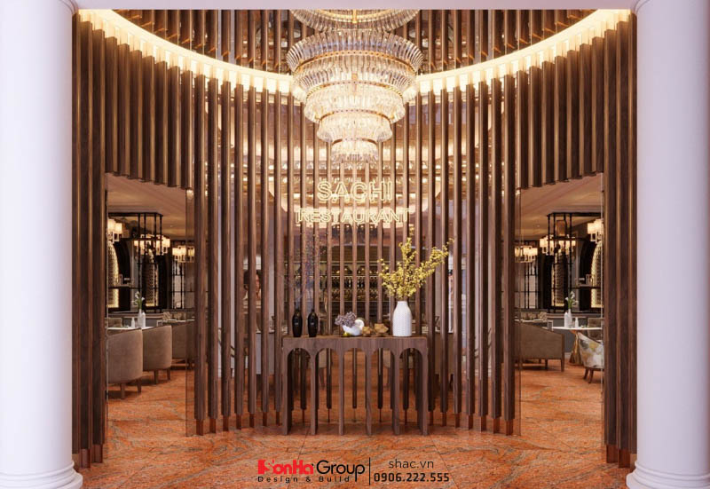 Chất liệu gỗ tôn lên vẻ sang trọng và ấm cúng của nhà hàng