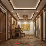 Ánh sáng vàng được sử dụng trong thiết kế phòng thờ nhà ống Tân cổ điển