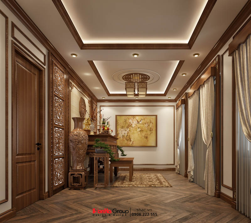 Ánh sáng vàng được sử dụng trong thiết kế phòng thờ nhà ống Tân cổ điển