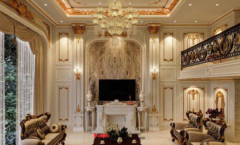 Phòng khách sang trọng trong thiết kế nhà ống Tân cổ điển tại Hải Phòng.