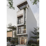 Chất liệu hiện đại mang đến sự sang trọng và phóng khoáng cho mặt tiền nhà ống 64m2