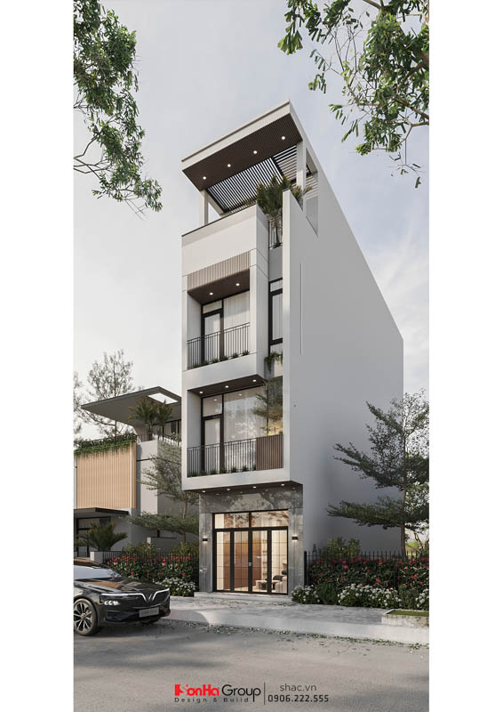 Nhà ống Hiện đại 4 tầng – Tổ ấm mơ ước cho cả gia đình 37 Chất liệu hiện đại mang đến sự sang trọng và phóng khoáng cho mặt tiền nhà ống 64m2