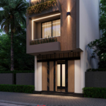 Hiệu ứng ánh sáng kết hợp với cây xanh giúp tăng tính thẩm mỹ cho mặt tiền