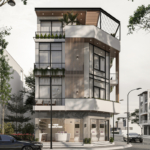 Nhà ống 4 tầng được hiết kế thoáng sáng với các ô kính lấy sáng và sân vườn trên tầng thượng.