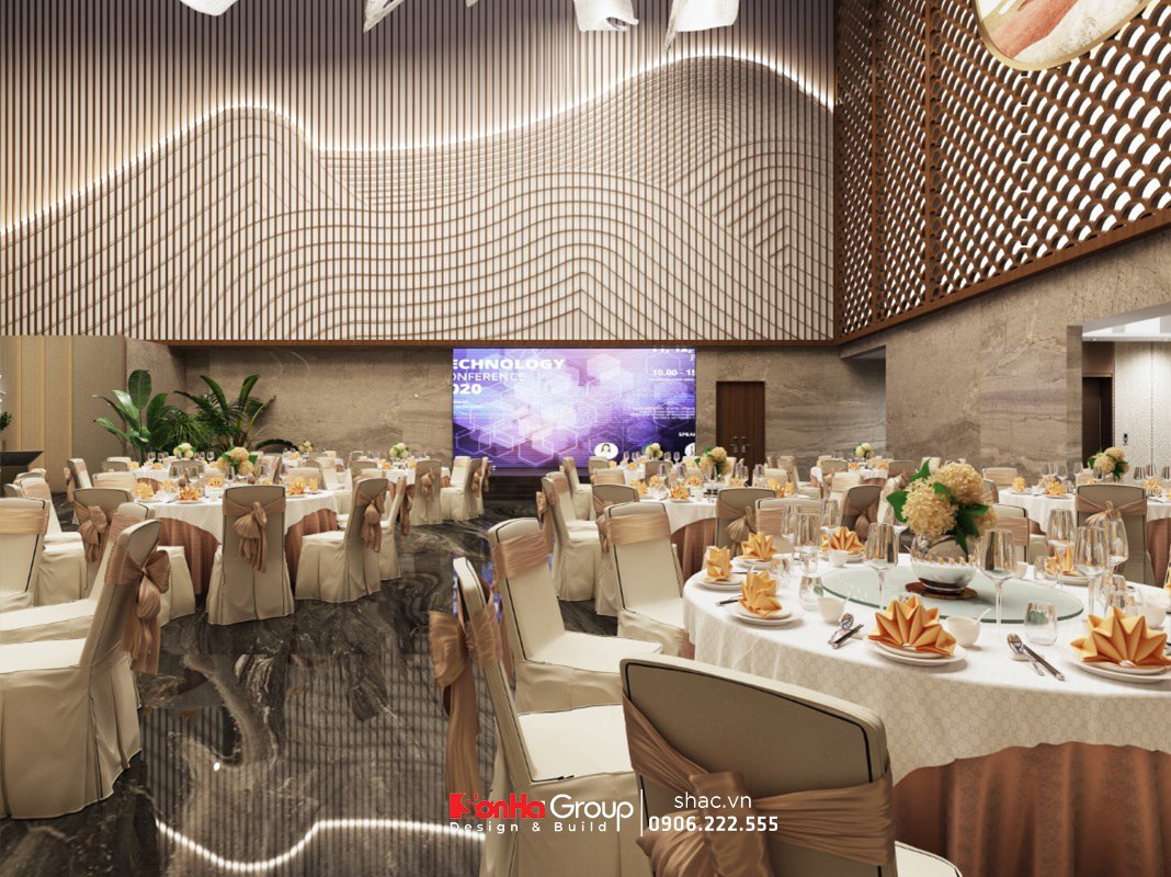 Sảnh nhà hàng được thiết kế với chi phí thiết kế nội thất khách sạn phù hợp