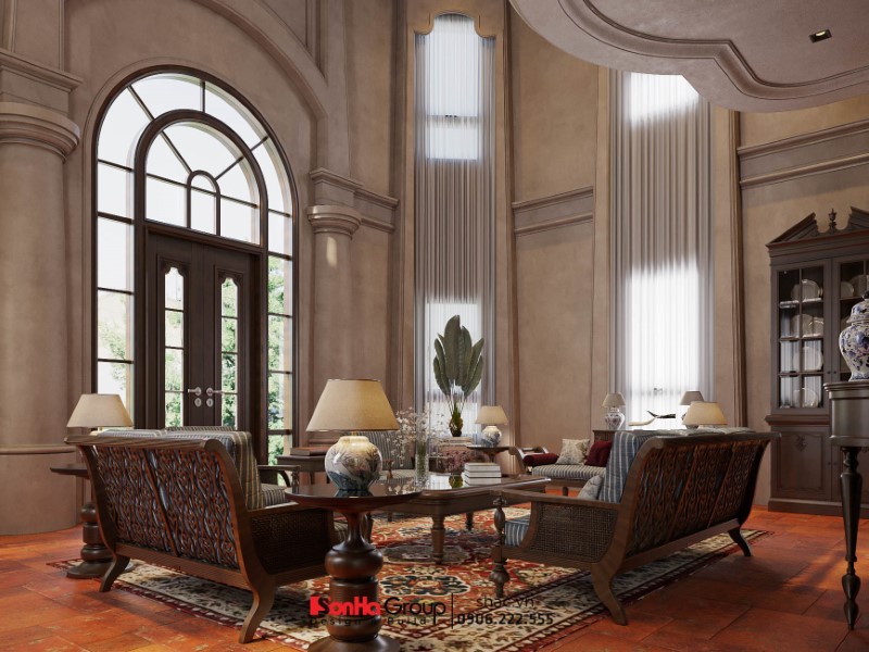 Phòng khách được thiết kế hài hòa giữa phong cách địa trung hải và bản sắc văn hóa Việt
