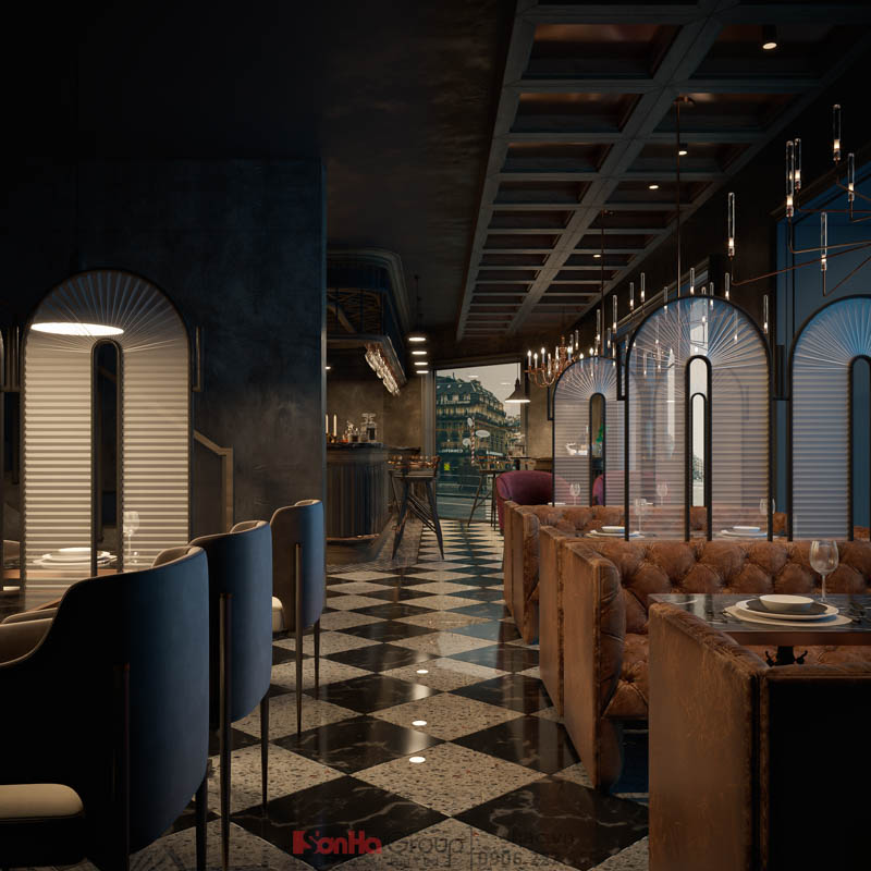 Nền gạch kẻ caro trắng đen và nội thất màu xanh biển, đỏ rượu là các chi tiết quen thuộc tạo điểm nhấn cho nhà hàng